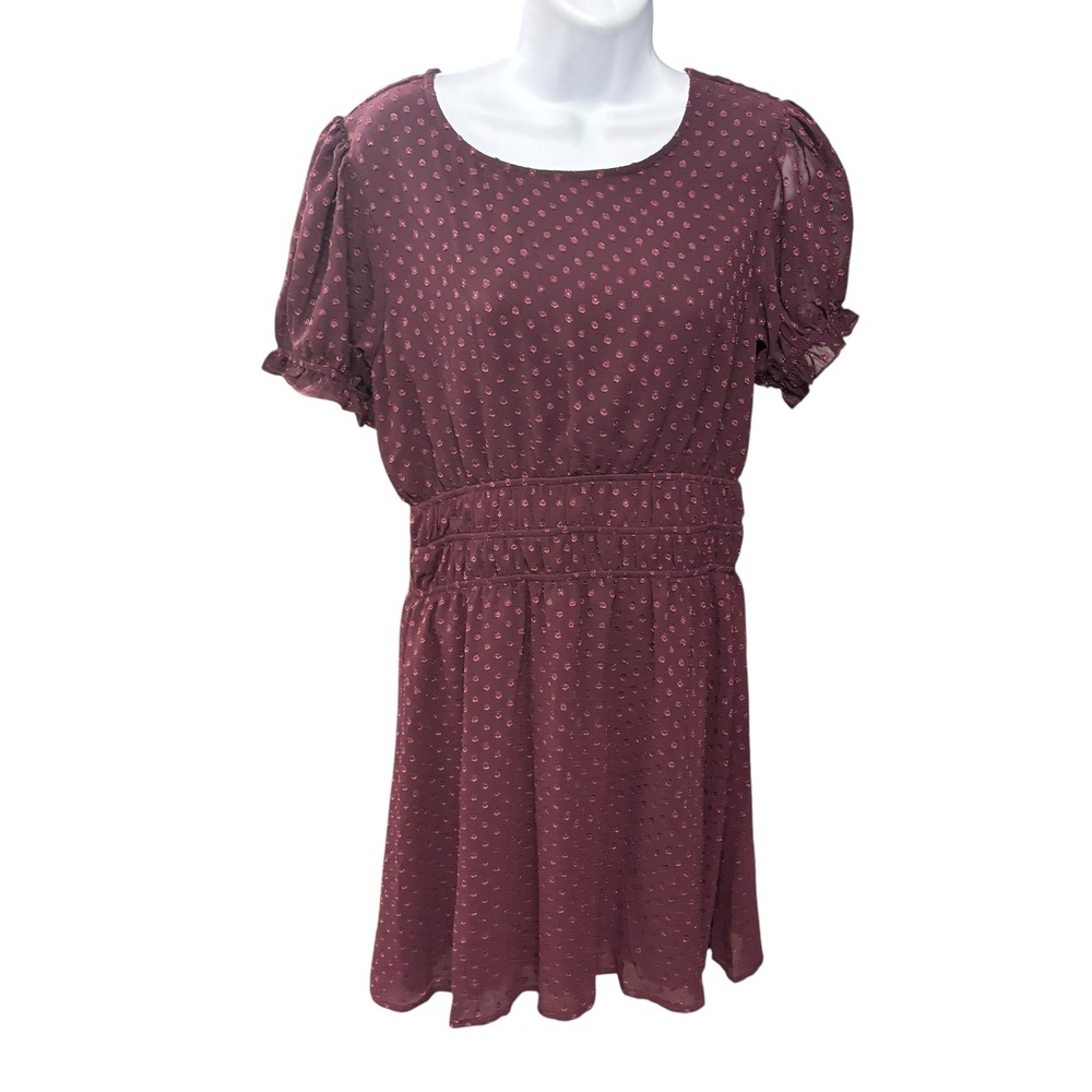 Speechless Womens Dress Size L Burgundy Polka Dot Short Sleeve‎ Elastic Waist